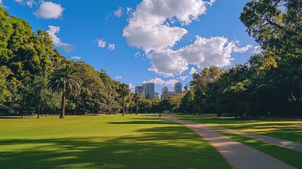A tranquil park setting within the city, featuring wide green lawns surrounded by tree-lined pathways.