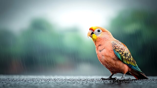 Peach-fronted parakeet in rain, garden background, wildlife photography, nature
