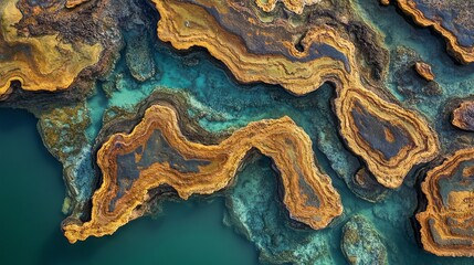 Obraz premium 40.15. A vibrant aerial photograph of Montgomery Reef in The Kimberley, with the marine ecosystem forming distinct patterns in the shallow waters, revealing coral structures and marine life beneath
