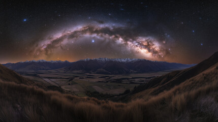 International Dark Sky Week, A stunning night view with a starry sky without light pollution, the Milky Way is clearly visible stretching over the dark mountains, Ai generated images