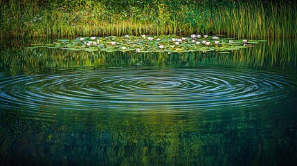 Soft ripples dance across the pond, causing the lily pads and their delicate white and pink blossoms to gently sway. The water is calm, and the surrounding greenery creates a perfect reflection