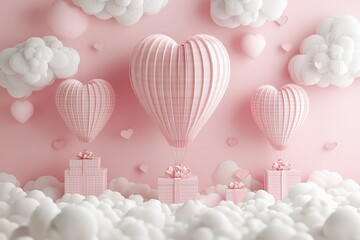 Valentine's Day podium with heart-shaped hot air balloons, gift boxes on clouds, pink paper cut style background, vector presentation mockup for advertising, high resolution.