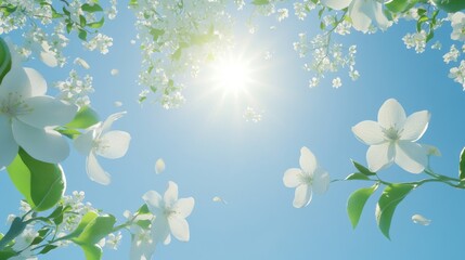 68.2. A top-down view of blooming apple blossoms, with soft white petals reaching towards the sun, set against a clear blue sky, symbolizing the arrival of spring and the celebration of major