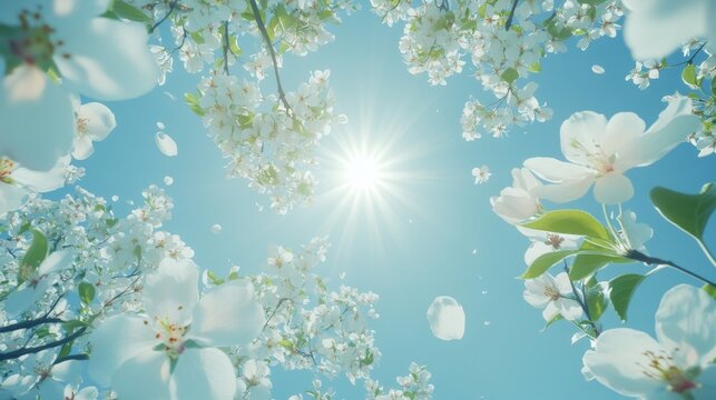 68.2. A top-down view of blooming apple blossoms, with soft white petals reaching towards the sun, set against a clear blue sky, symbolizing the arrival of spring and the celebration of major