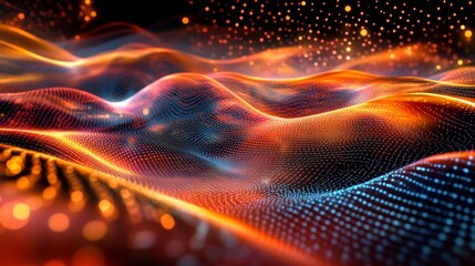 17.4. A visualization of binary data transmission, showing radiant streams of 0s and 1s flowing through a glowing grid structure, set in an abstract digital landscape.