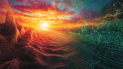 17.4. A visualization of binary data transmission, showing radiant streams of 0s and 1s flowing through a glowing grid structure, set in an abstract digital landscape.