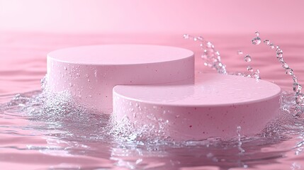 Two empty white circle podiums float on transparent water with gentle splashes, perfect for showcasing cosmetics.