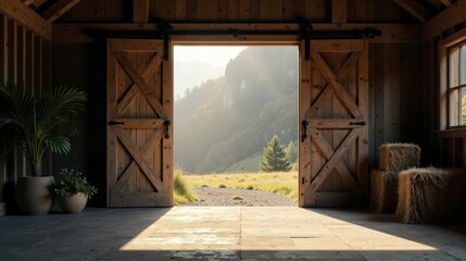 Rustic barn interior with open doors revealing a scenic mountain vista and sunlit pathway
