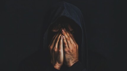 A man is wearing a hoodie and has his hands covering his face