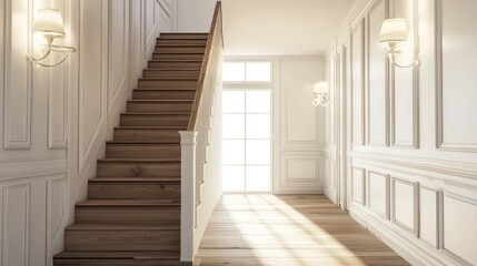 Obraz premium A wooden staircase in the hallway of a modern, minimalist house, with white walls, a wooden floor, and wall lighting sconces.