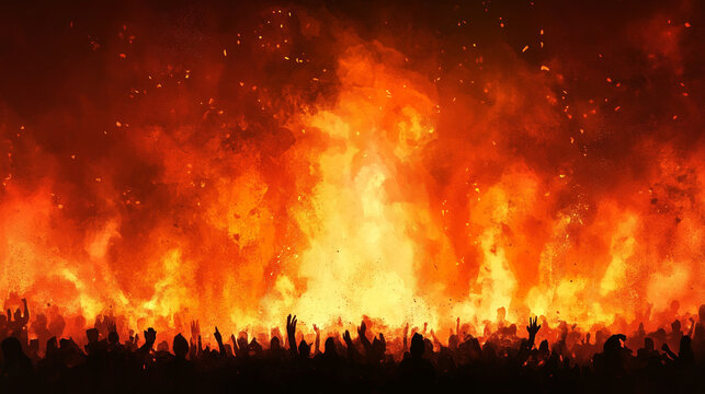 Las Fallas Bonfire, Orange to red gradient background with big bonfire silhouette at the bottom