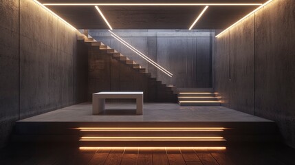 Fototapeta premium An architectural rendering of an interior space with concrete walls and dark wood floors. There is a raised platform that has a white table on it with neon lights above the room.