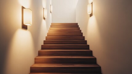 A wooden staircase in the hallway of a modern, minimalist house, with white walls, a wooden floor, and wall lighting sconces.