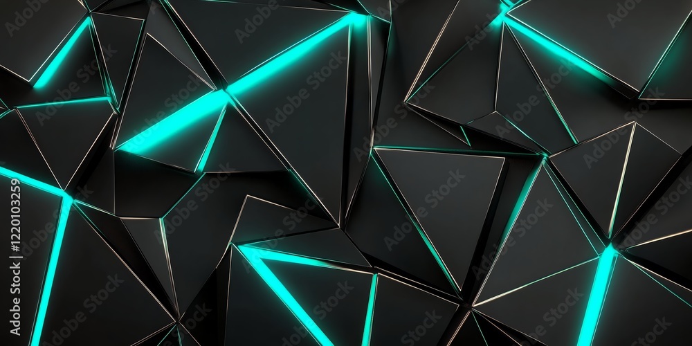 Poster abstract dark triangular pattern with bright teal neon lines geometric 3d background