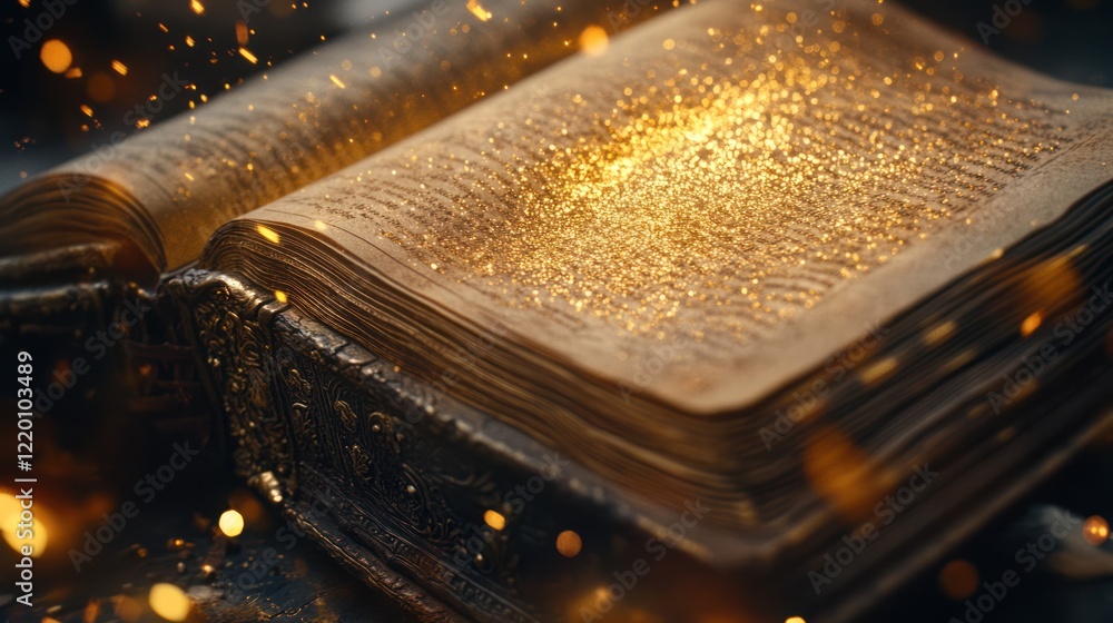 Poster an ancient spell book open with glowing gold dust floating over it in dark setting