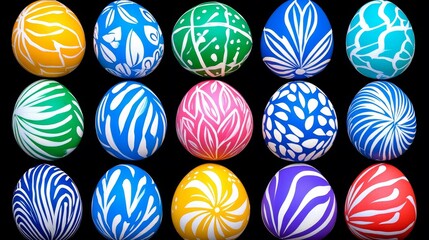 Fototapeta premium Colorful Easter Eggs with Abstract Designs on Black Background