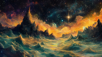 Obraz premium Cosmic Landscape with Golden Mountains and Sparkling Stars