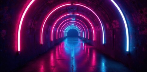 Dark tunnel illuminated by glowing neon lights, ambiance, neon, illumination