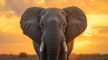 Save the Elephant Day, A large African elephant with thick gray skin and clear texture, standing in the savannah with orange sunset and acacia trees in the background, Ai generated images