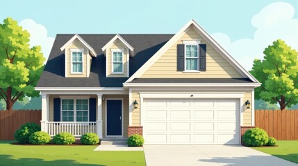 Attractive Suburban House with Front Porch and Two-Car Garage, Landscaped Yard, and Lush Green Trees Under a Bright Sunny Sky