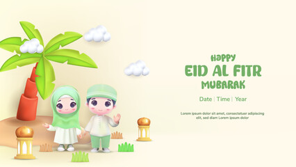 Eid Al Fitr illustration concept with 3d cute character Muslim Boy and Girl.