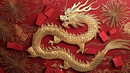 Obraz premium Create a beautiful Chinese New Year card with elegant gold foil detailing, depicting a dragon,