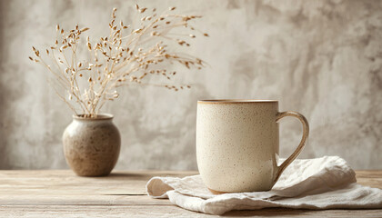 A white ceramic mug paired with a bamboo coaster, placed on a textured beige linen background, beverages show concept