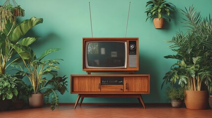 Retro Television and Tropical Plants in a Vintage Living Room