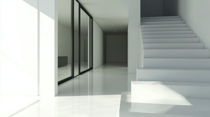 Obraz premium Modern interior design of a staircase in a white room with black and glass double doors, a simple house with a stairway interior concept design.
