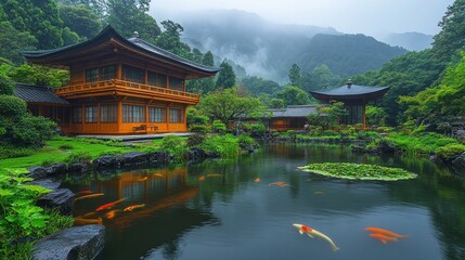 Misty Mountain Koi Pond Temple Garden