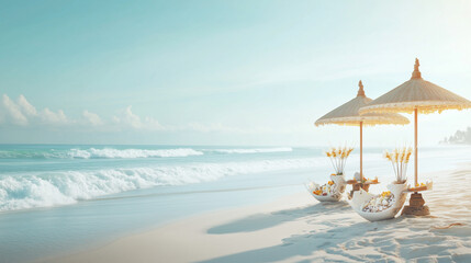 Fototapeta premium Wallpaper with focus on Balinese traditional offerings and umbrellas on the beach, waves and white sand look smooth, light blue to white gradient background,