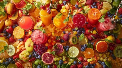 Fototapeta premium Colorful Spread of Fresh Fruits and Juices for Summer Enjoyment