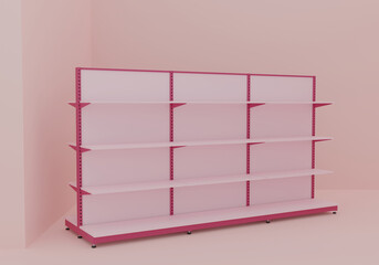 empty retail shelves with a pink and pastel interior. Ideal for showcasing modern product displays, creative store layouts, or retail design concepts. Clean and minimalist visual. 3D rendering.