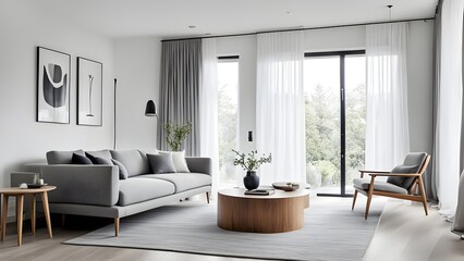Fototapeta premium Modern minimalist living room interior with gray sofa, armchair, and round wooden coffee table, featuring floor-to-ceiling windows and sheer curtains.