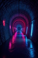 Fototapeta premium Dark tunnel with luminous glowing walls and floor, passage, ambiance
