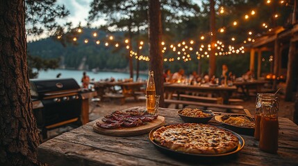 Lakeside BBQ Gathering: A Night of Food, Friends, and Festive Lights