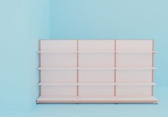 empty retail shelves in a vibrant purple and yellow interior. Perfect for showcasing product displays, modern store layouts, or creative retail design concepts. Bold and unique visual. 3D rendering. 