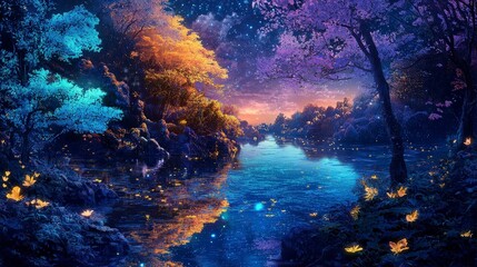Obraz premium Serene Night Landscape with Vibrant Trees and Shimmering Water