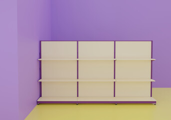empty retail shelves with a vibrant purple and yellow interior. Perfect for showcasing product placement, store layouts, or modern retail design concepts. Bold and clean visual. 3D rendering.