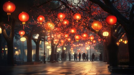 red lanterns hanging from trees along the streets, casting a soft glow over the quiet, yet vibrant atmosphere, as people stroll through during the Chinese New Year festival