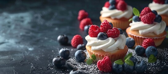 Delicious cupcakes topped with creamy frosting and fresh raspberries and blueberries. A delightful sweet treat!