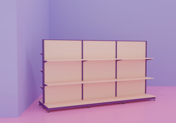 empty retail shelves with a vibrant purple and pink theme. Perfect for showcasing product placement, modern store design, or creative retail concepts. Bold and eye-catching visual. 3D rendering.