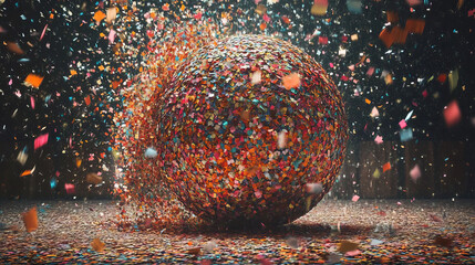 3d rendered abstract exploding colorful confetti sphere digital art design with vibrant multicolored confetti falling and shiny glitter texture in a surreal high resolution background