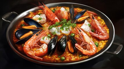 Traditional Spanish paella with seafood and rice. Featuring a vibrant and flavorful dish. Highlighting the texture and presentation of the paella. Ideal for food and cultural themes.