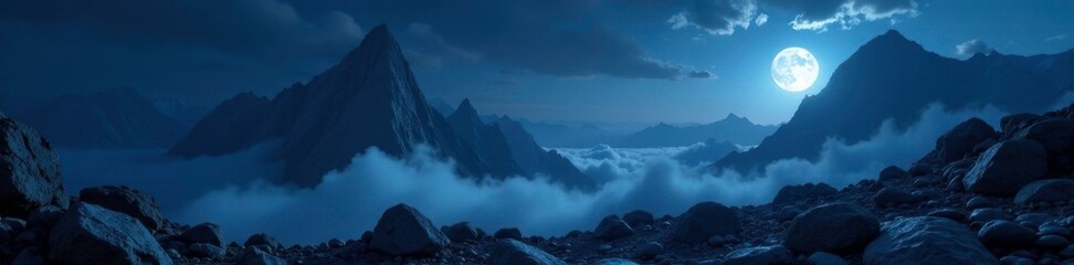 Dark vastness of night with jagged rock formations and misty clouds, rocks, boulders, mountains