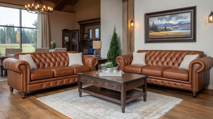 Fototapeta premium Elegant Living Room with Leather Sofas and Classic Decor