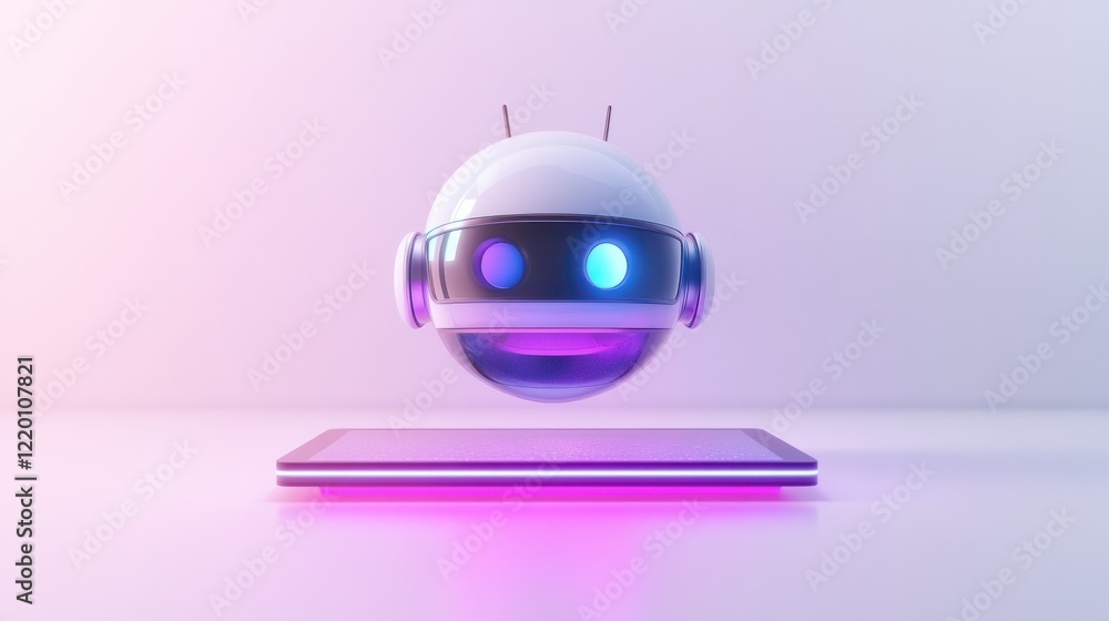 Poster a 3d-rendered chatbot with a glowing tablet showcasing side-by-side image variations in a creative l