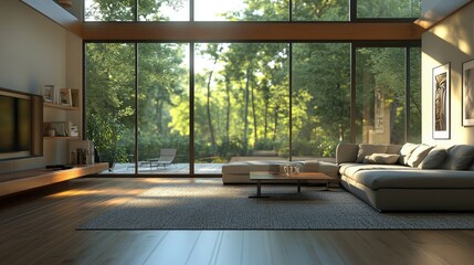Fototapeta premium Modern Living Room with Stunning Forest View
