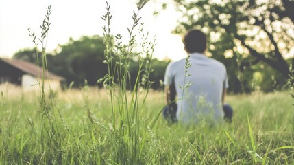 Contemplative Man in Serene Grassland Setting