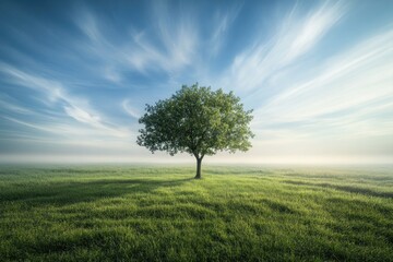 Obraz premium A solitary tree in the center of an expansive, grassy field, standing tall under a soft blue sky, with wisps of clouds and light shadows cast over the fresh, green landscape.